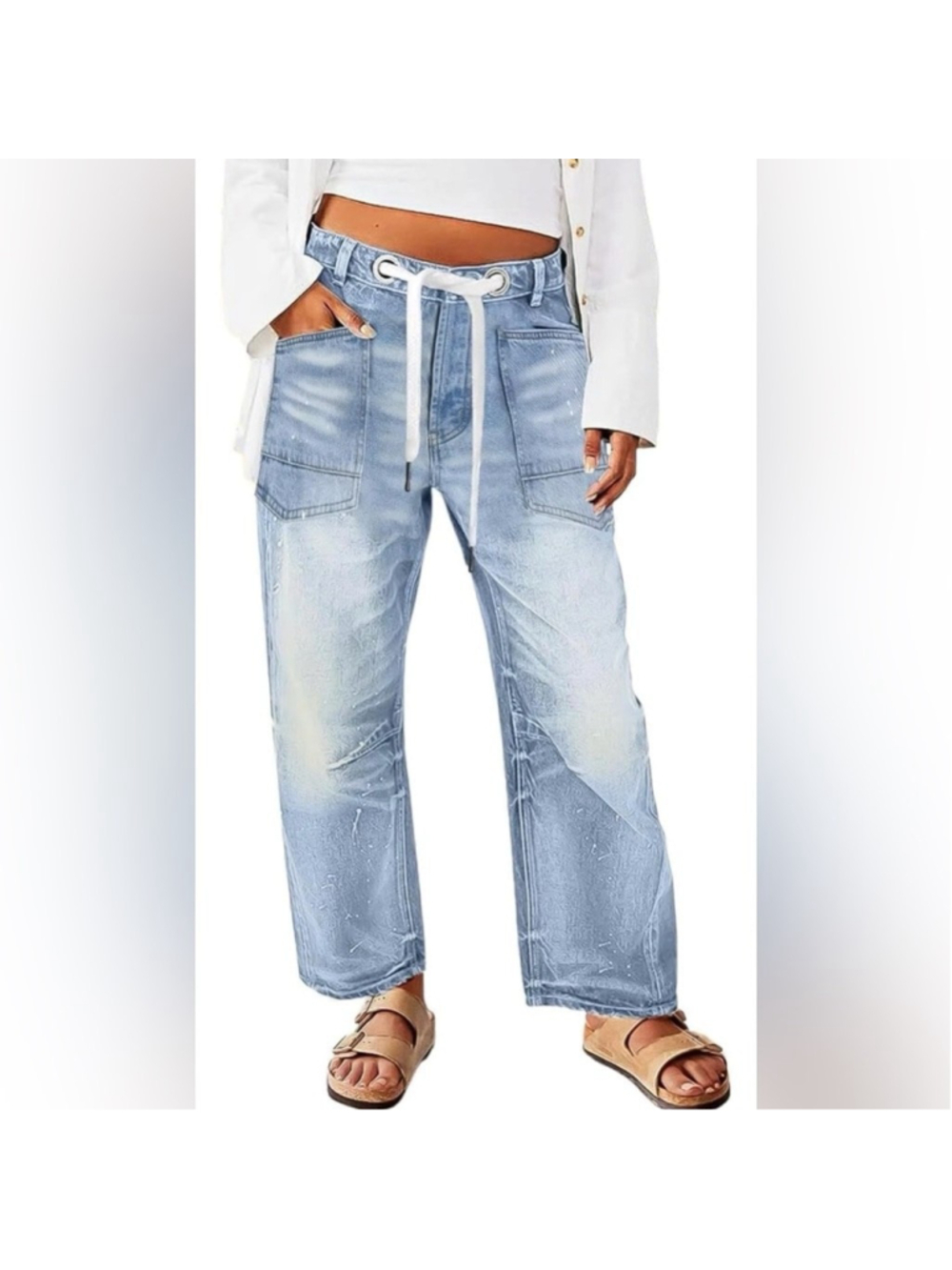 Light Wash Wide Leg Jeans with Drawstring Waist